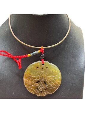 Vintage Jade Carved Fish Pendant Necklace Brass Collar Red Wealth Prosperity